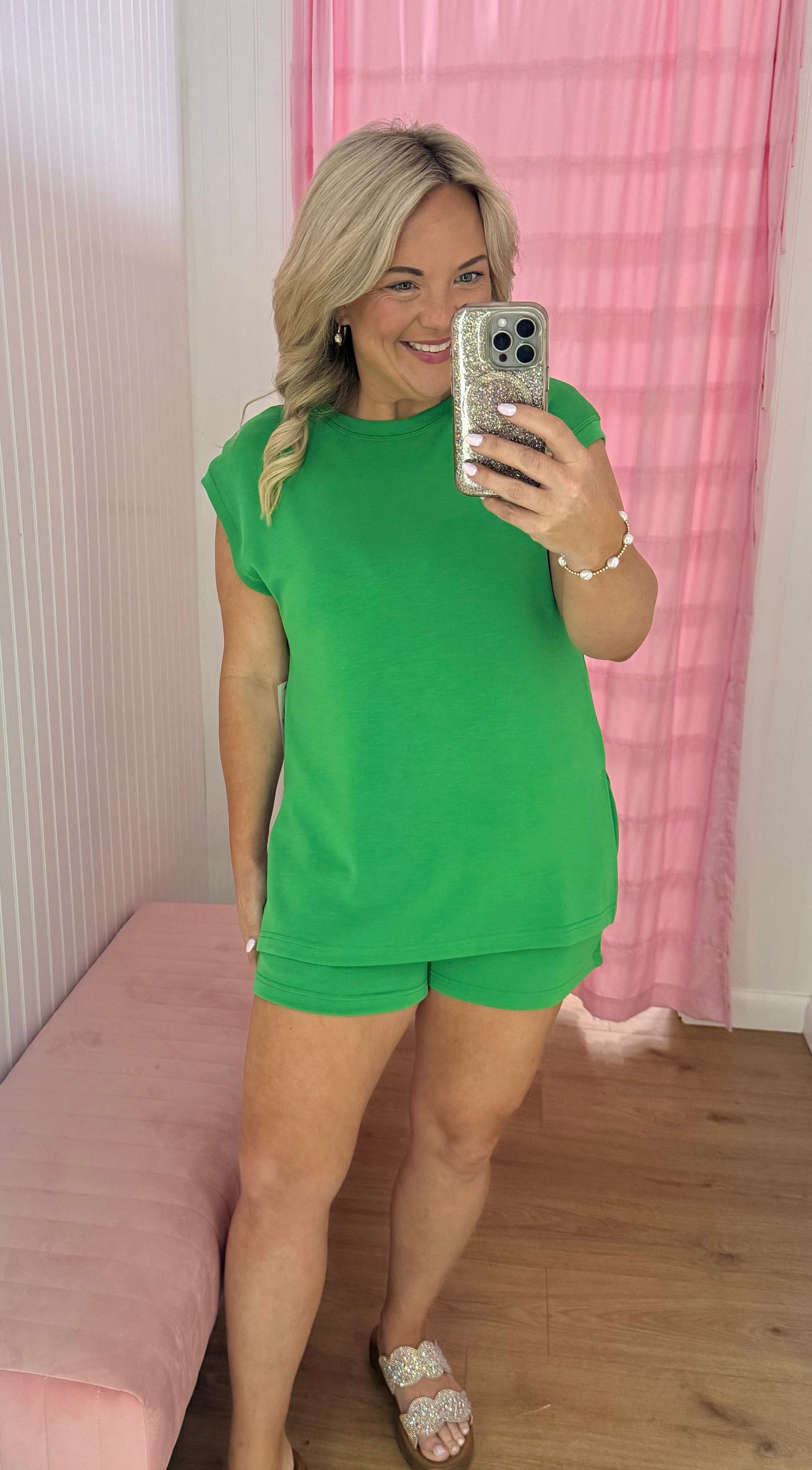 Green cap sleeve short set