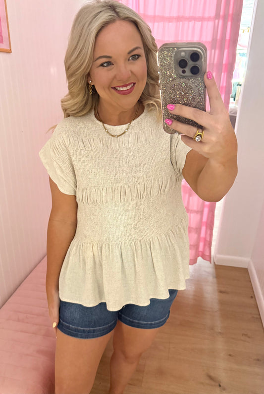 Scalloped peplum top oatmeal
