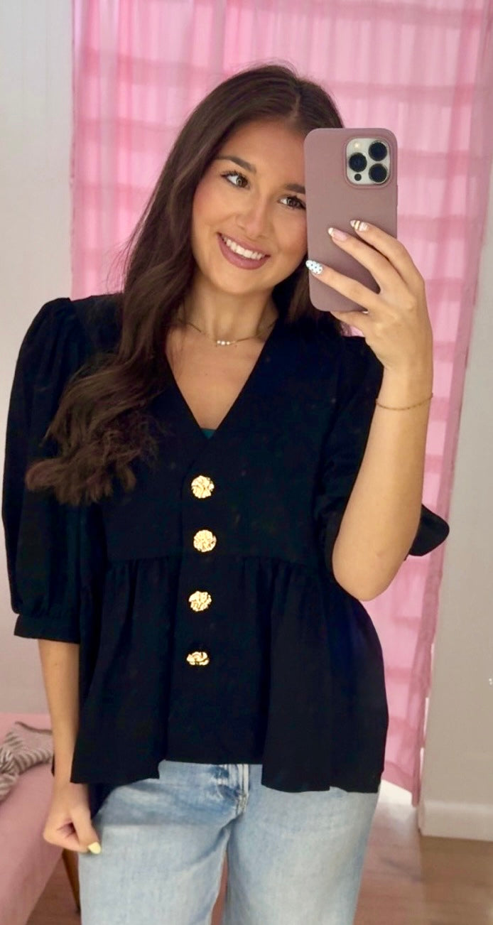 V neck gold button black blouse