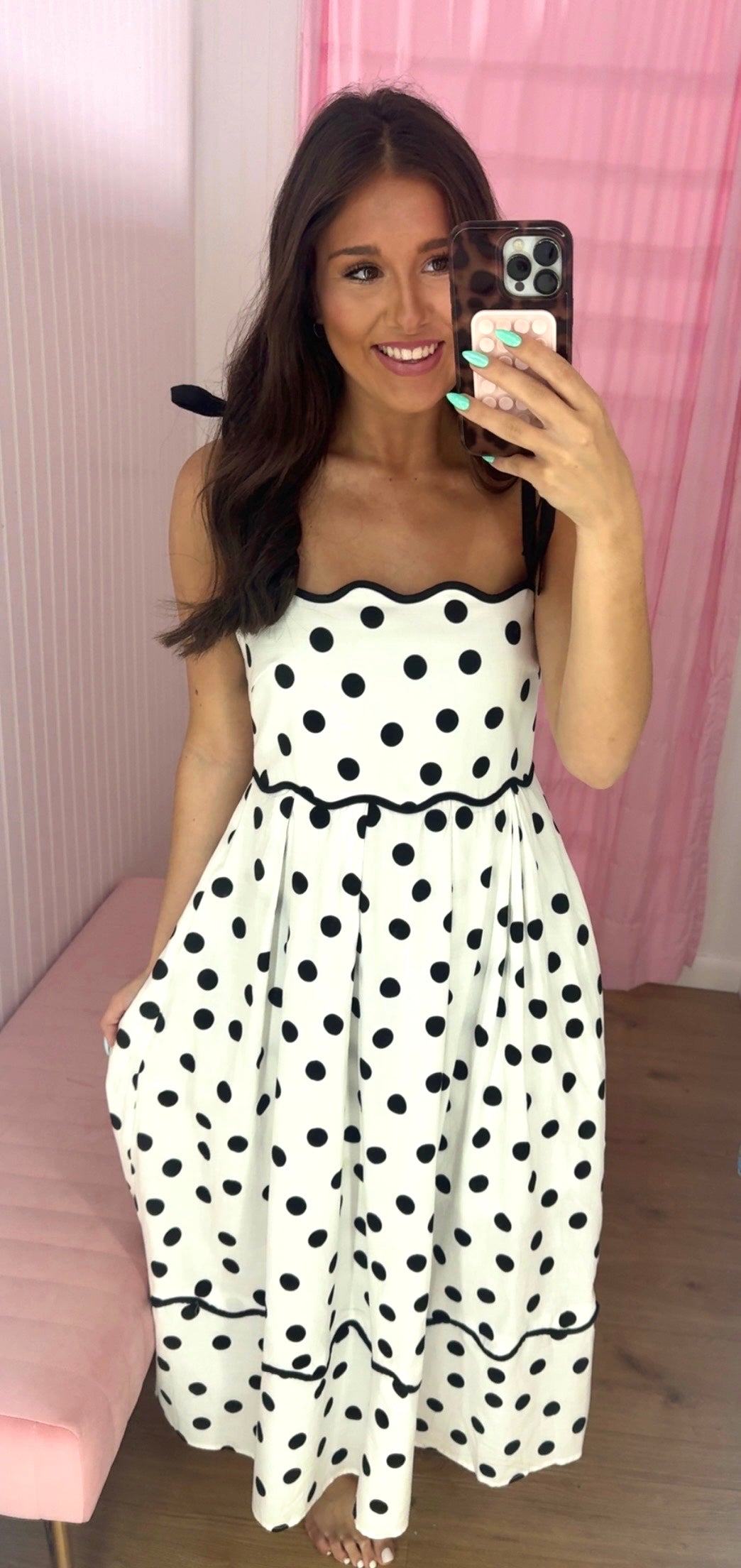 White and black polka dot midi