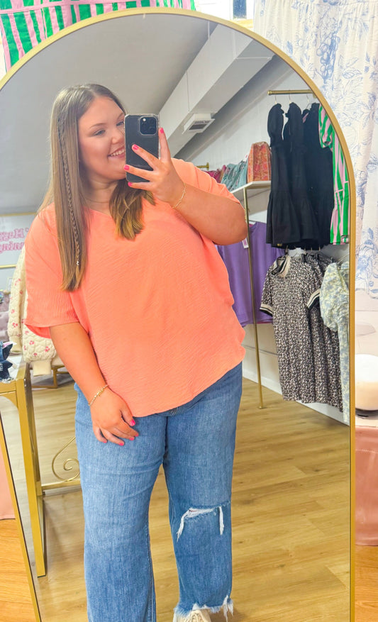 Coral v neck short sleeve plus top