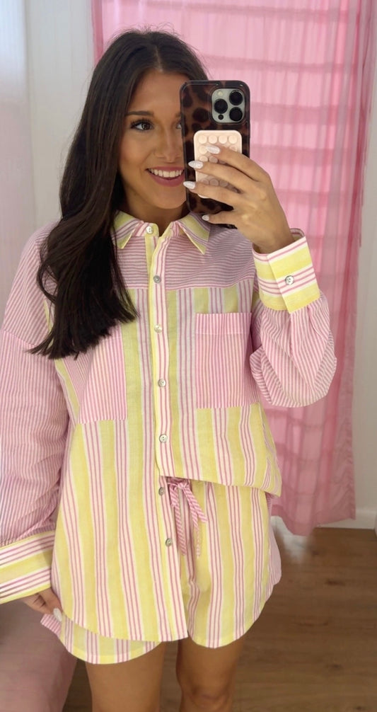 Pink/yellow stripe short set
