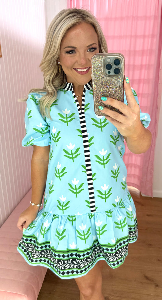 Blue Floral puff sleeve mini dress