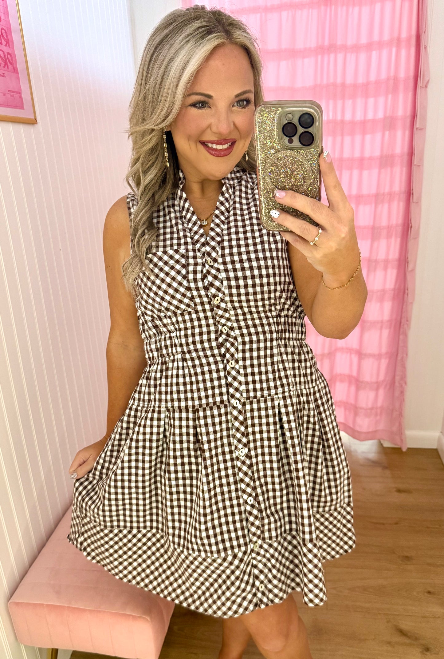 Gingham brown short dress