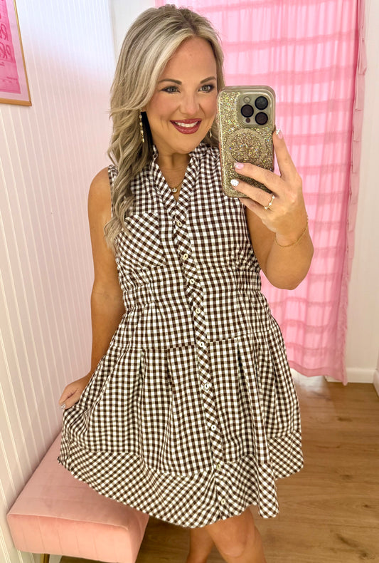 Gingham brown short dress