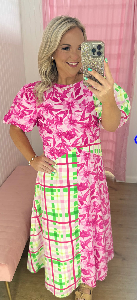 Mixed print puff sleeve midi