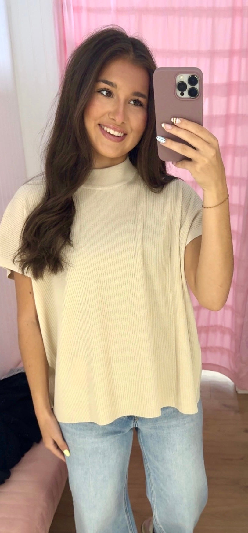 Beige mock neck short sleeve sweater