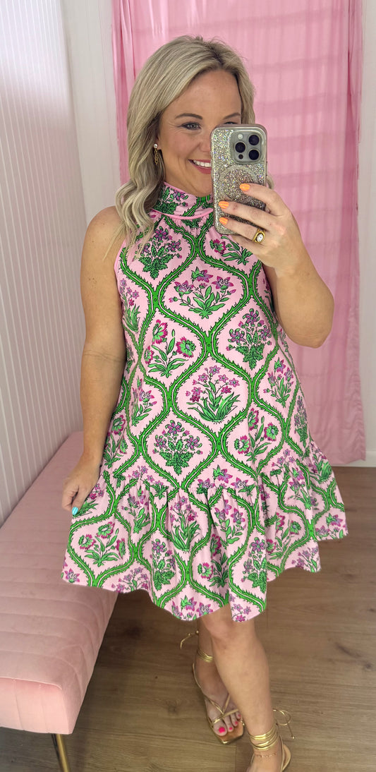 Halter pink floral short dress