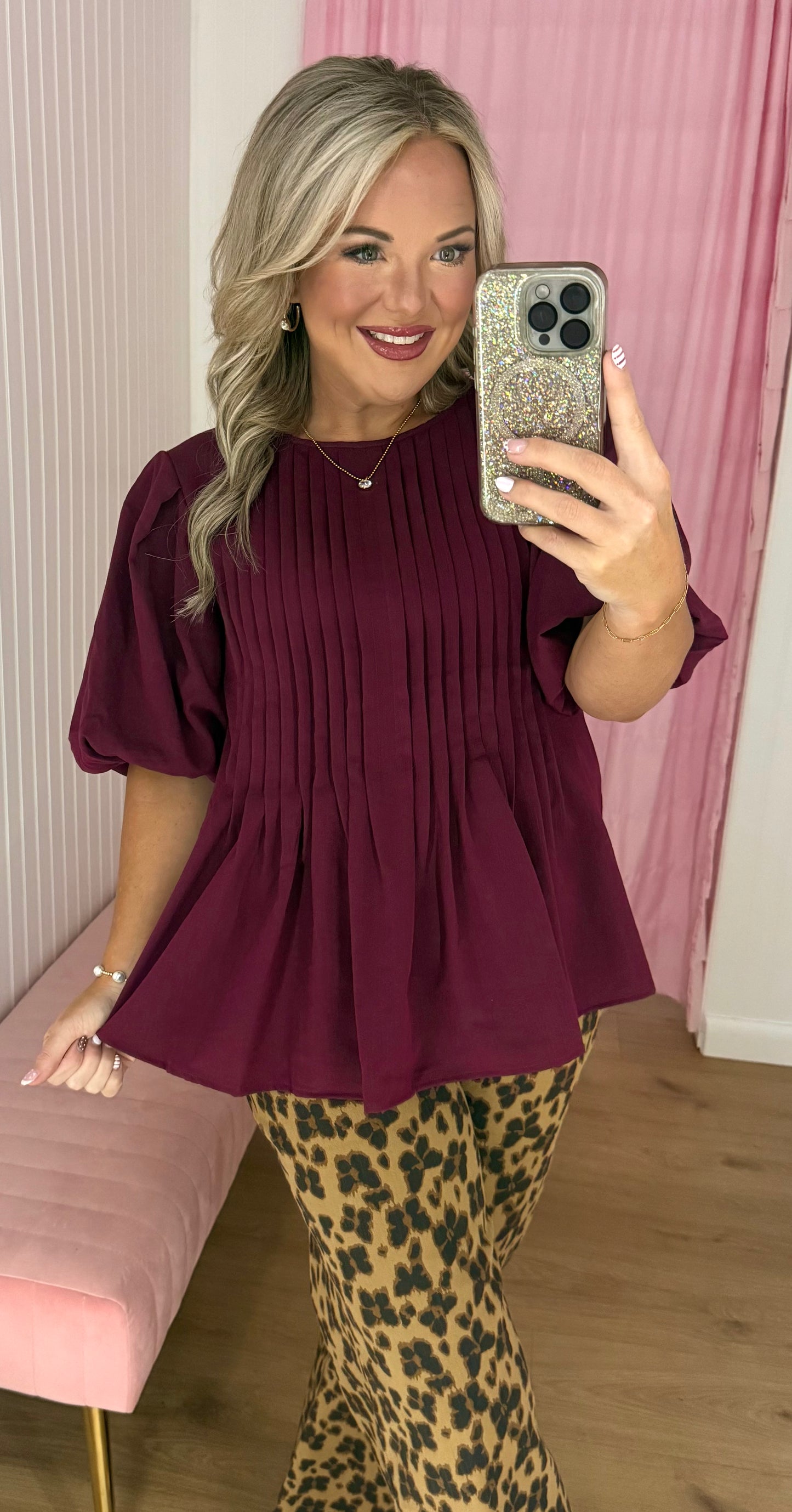 Burgandy puff sleeve top