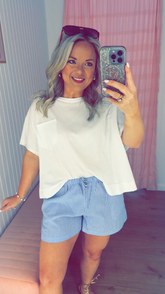 Blue striped drawstring shorts